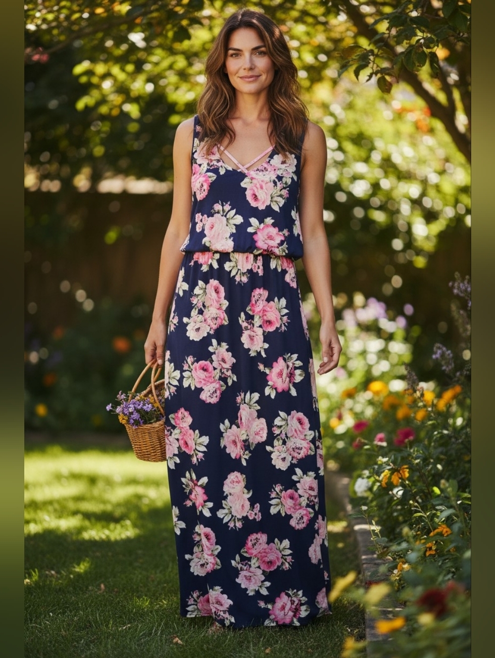 Three Hearts Navy Maxi Dress with Pink Floral Accents In EUC.